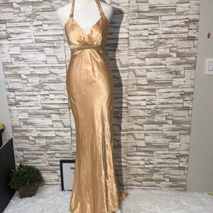 Bari Jay Gold Satin Halter with Beaded Waist Prom Dress